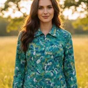 Ruby Rd L XL Women's Zip Jacket Top Teal Blue Green Floral Linen Coastal Chic